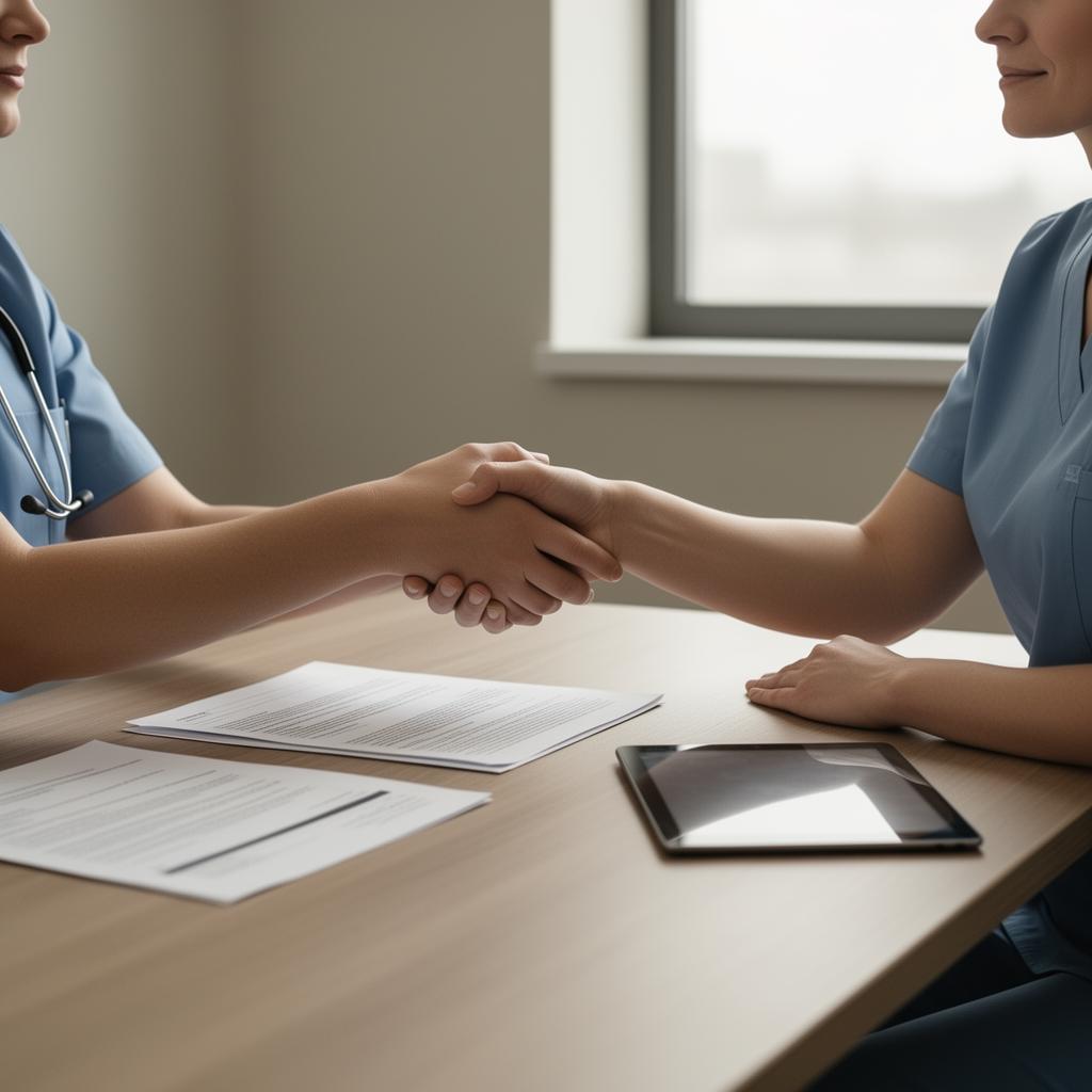 Nurse and client meeting across a clean consultation desk reviewing a Blank Slate tattoo removal plan